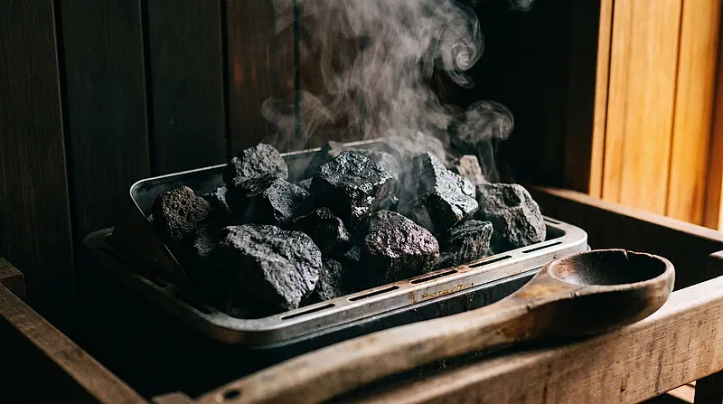 Uap löyly naik dari batu heater sauna yang menyala