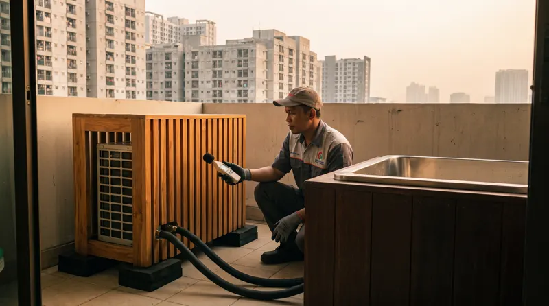 Teknisi mengukur kebisingan chiller ice bath dalam kotak peredam kayu di balkon apartemen Jakarta
