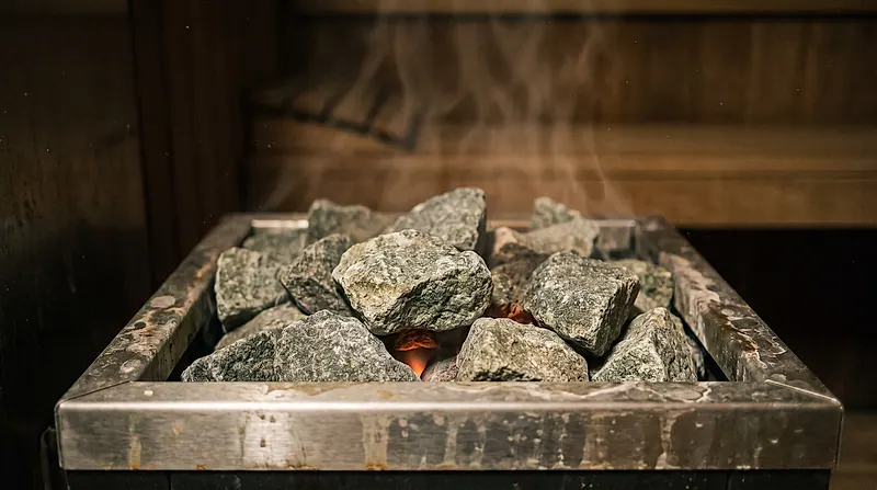 Batu peridotite di atas heater — detail pengerjaan Sauna Jakarta