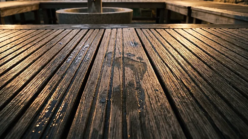Lantai kayu anti-selip area basah — detail pengerjaan Sauna Jakarta