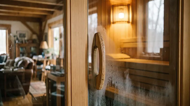 Kaca tempered 8 mm, gagang kayu — detail pengerjaan Sauna Jakarta
