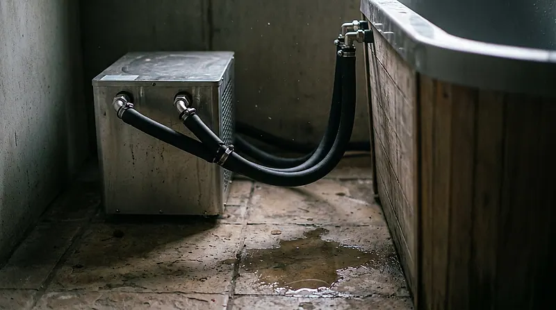 Chiller inverter dan pemipaannya — detail pengerjaan Sauna Jakarta