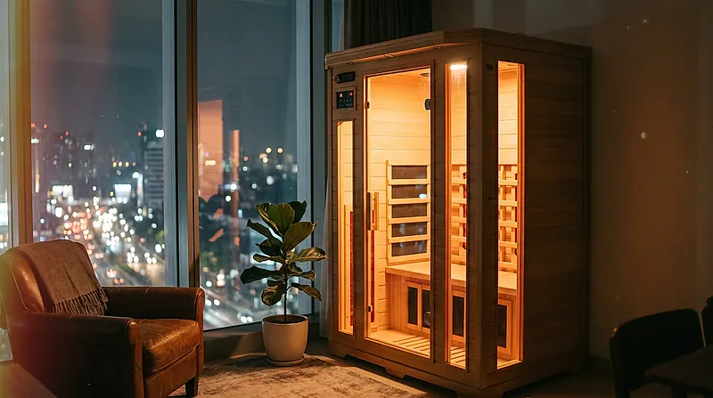 Kabin sauna infrared di unit apartemen dengan jendela skyline Jakarta