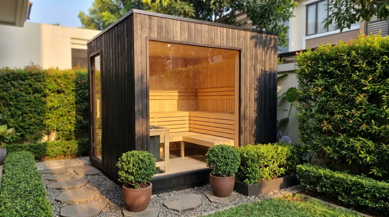 Kabin sauna outdoor kayu gelap modern di taman Jakarta Timur