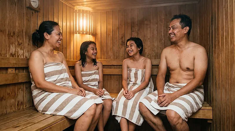 Sauna 2×2 m, empat orang — pas, hangat, ramai