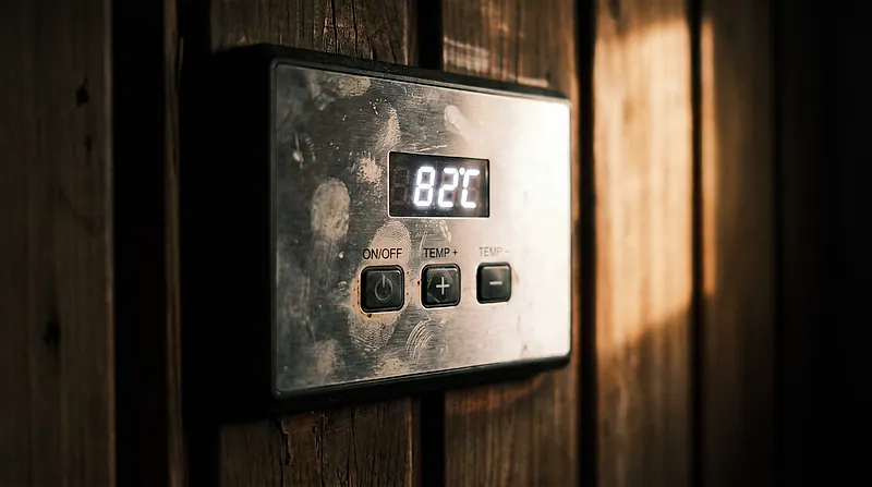 Panel kontrol heater, siap integrasi smart home — detail pengerjaan Sauna Jakarta