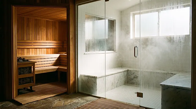 Interior sauna kering dengan steam room kaca terlihat di sebelahnya