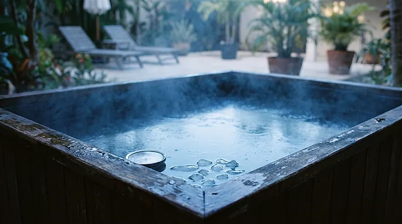 Uap dingin di permukaan air es cold plunge pagi hari