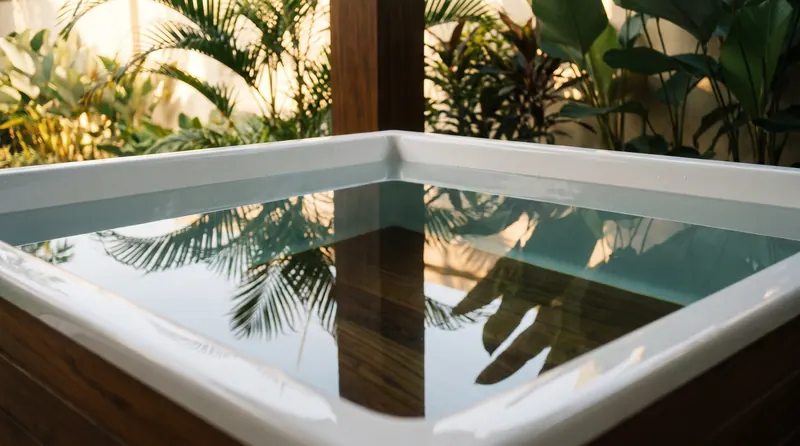 Permukaan air jernih cold plunge di pagi hari