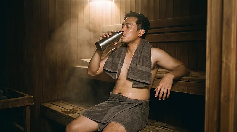 Pria duduk rileks berhanduk di bangku sauna kering yang hangat