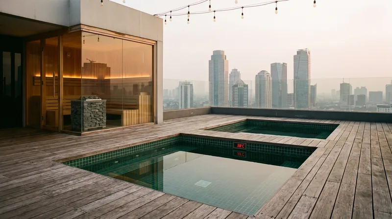 Dua kolam plunge mosaik dan sauna kaca sudut di rooftop Jakarta dengan latar gedung SCBD