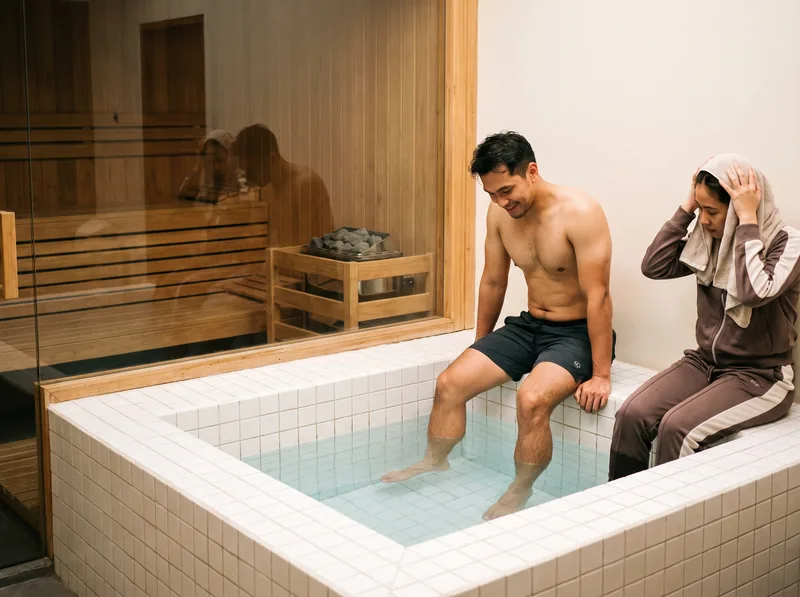 Ruang recovery gym di Jakarta: kolam cold plunge ubin putih dan sauna berdinding kaca