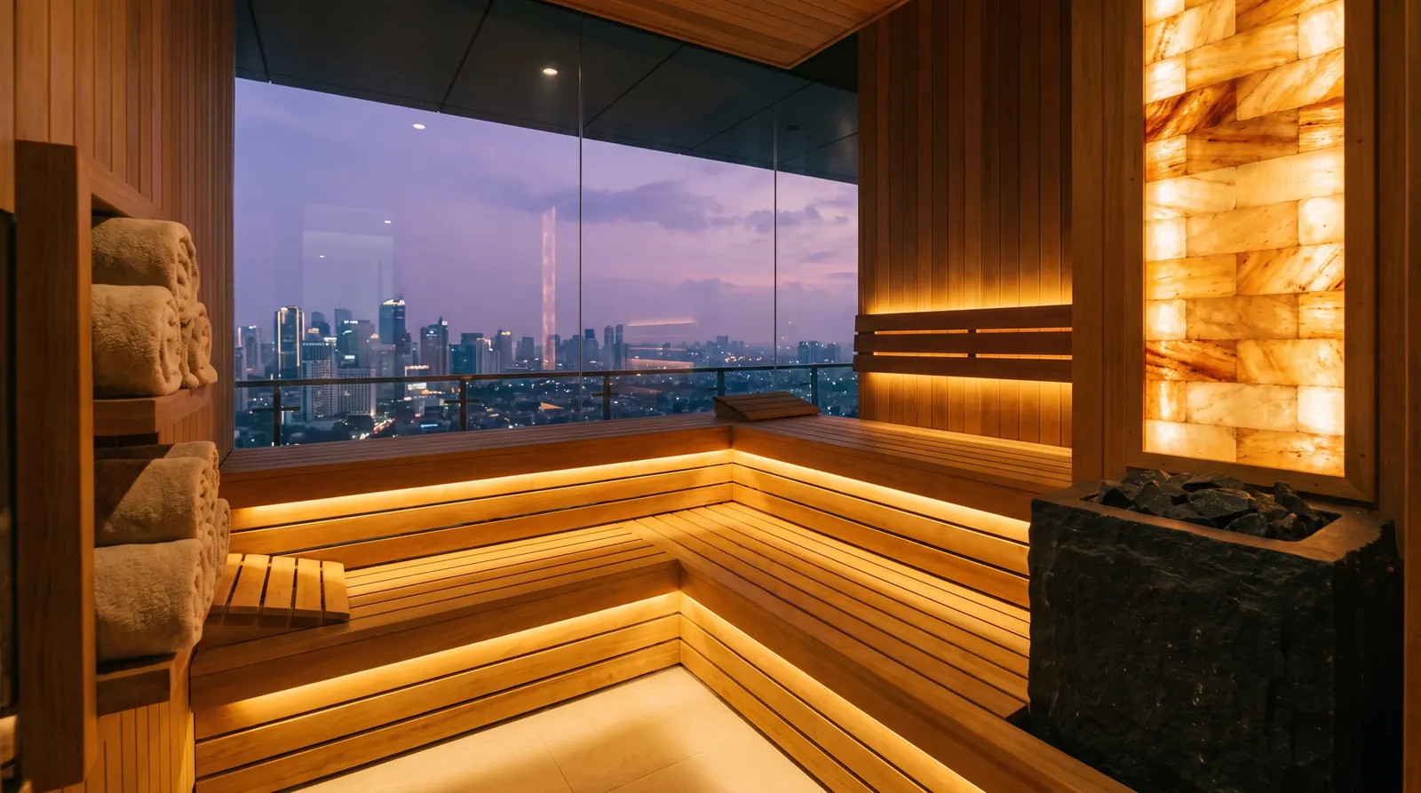 Kabin sauna berdinding kaca menghadap skyline Jakarta