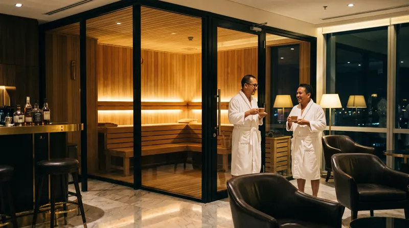 Dua eksekutif berjubah mandi di depan sauna kaca butik di lounge business club Jakarta