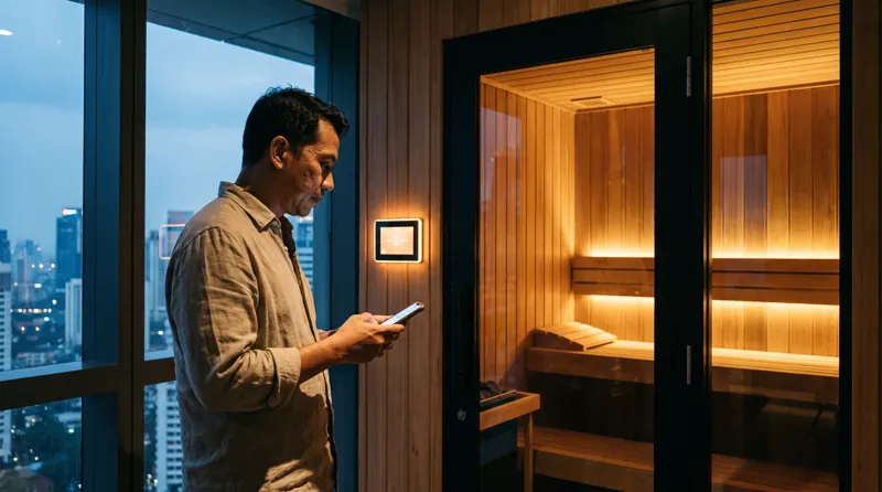 Pria di penthouse Jakarta menyalakan sauna cedar dari aplikasi HP dengan panel sentuh di samping pintu kaca