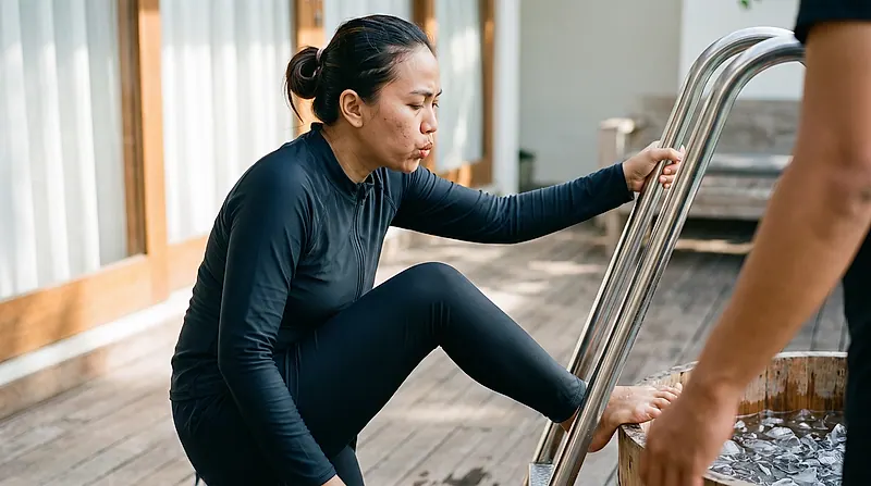 Wanita menuruni tangga cold plunge dengan napas terkontrol pagi hari
