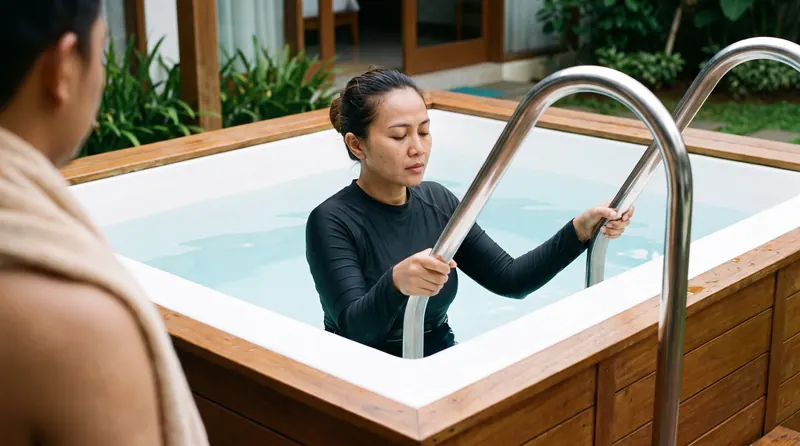 Wanita menuruni tangga cold plunge dengan napas terkontrol pagi hari